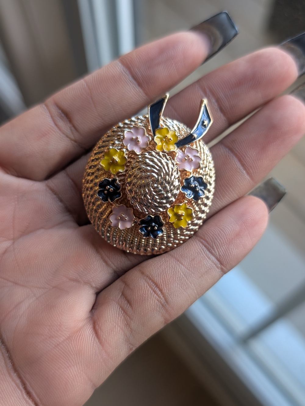 Vintage Style Gold Tone Straw Hat Brooch | Enamel Floral Garden Pin